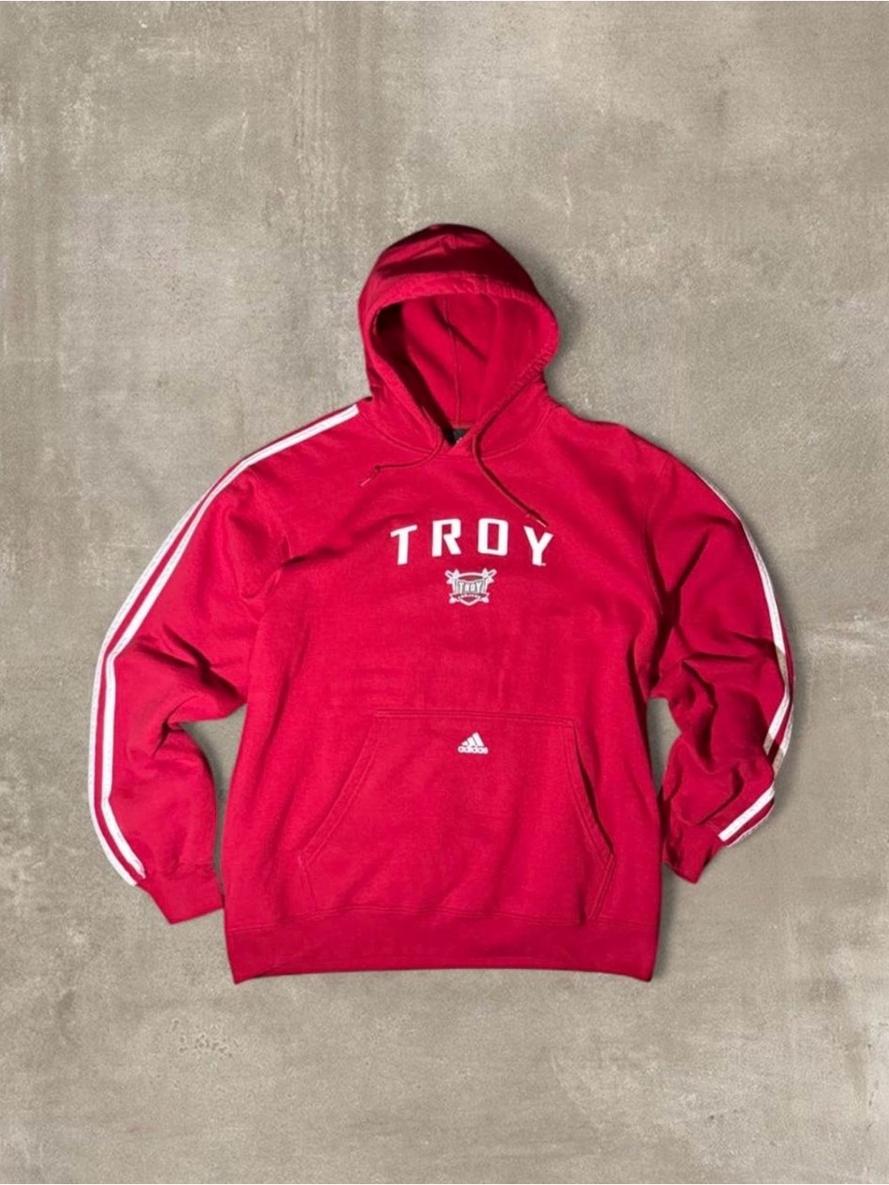 Adidas Troy University red hoodie with white stripes on sleeves